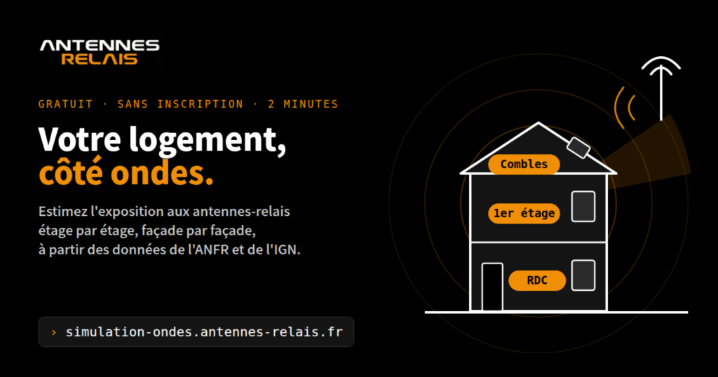 Estimer gratuitement l'exposition aux ondes de mon logement Simulation de l'exposition aux ondes d'une maison étage par étage, face à une antenne-relais – outil gratuit Antennes Relais