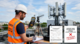 Technicien accrédité réalisant une mesure d'exposition aux ondes d'une antenne-relais avec un analyseur de spectre in situ conformément au protocole ANFR.